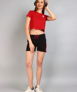 Cute Panda Print Solid Red Crop Top & Shorts Set For Women