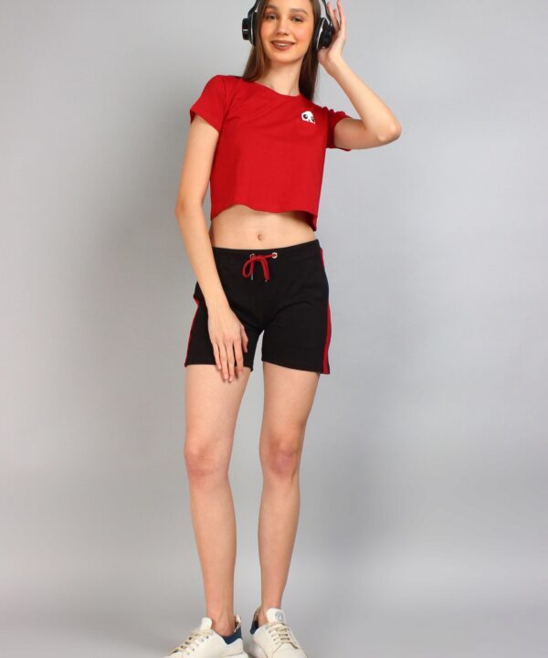 Cute Panda Print Solid Red Crop Top & Shorts Set For Women