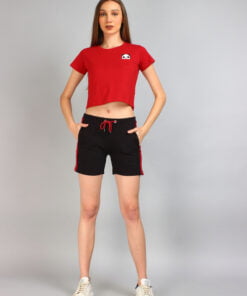Alternative view of Cute Panda Print Solid Red Crop Top & Shorts Set For Women