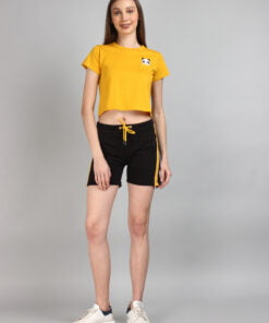 Alternative view of Cute Panda Print Solid Yellow Crop Top & Black Shorts Set For Women