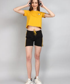 Cute Panda Print Solid Yellow Crop Top & Black Shorts Set For Women