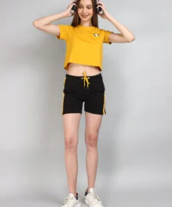 Cute Panda Print Solid Yellow Crop Top & Black Shorts Set For Women