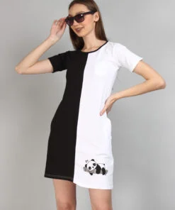 Sleeping Panda Black & White Sleep Dress For Women