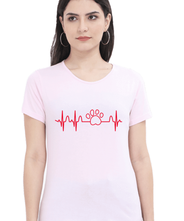 Dog Paw ECG Heartbeat Printed Round Neck T-Shirts for Women